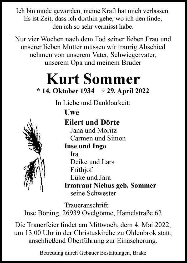  Traueranzeige für Kurt Sommer vom 03.05.2022 aus Nordwest-Zeitung