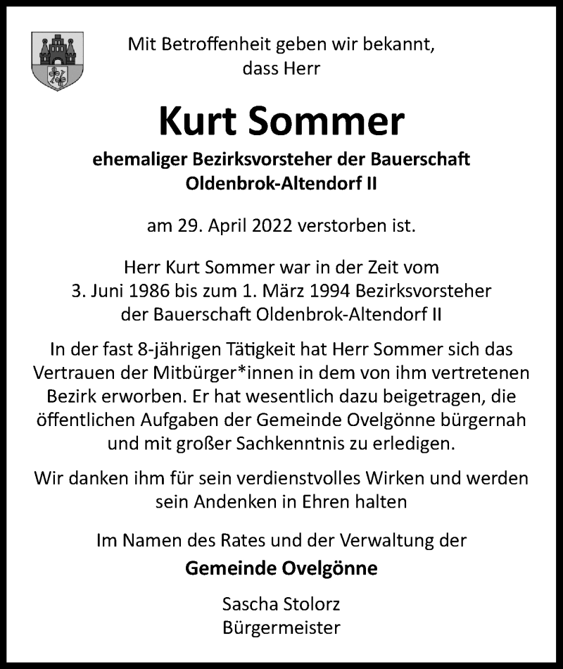  Traueranzeige für Kurt Sommer vom 04.05.2022 aus Nordwest-Zeitung