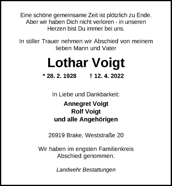 Traueranzeige von Lothar Voigt von Nordwest-Zeitung