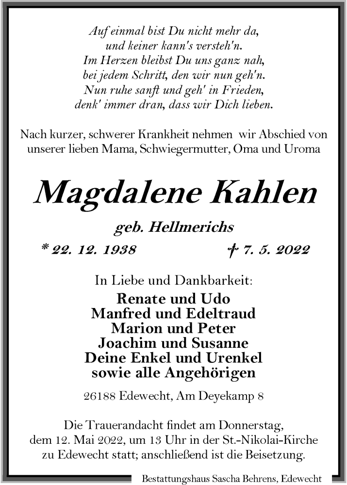  Traueranzeige für Magdalene Kahlen vom 10.05.2022 aus Nordwest-Zeitung