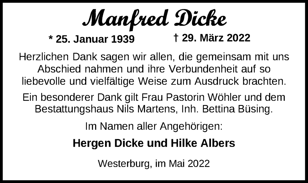  Traueranzeige für Manfred Dicke vom 14.05.2022 aus Nordwest-Zeitung
