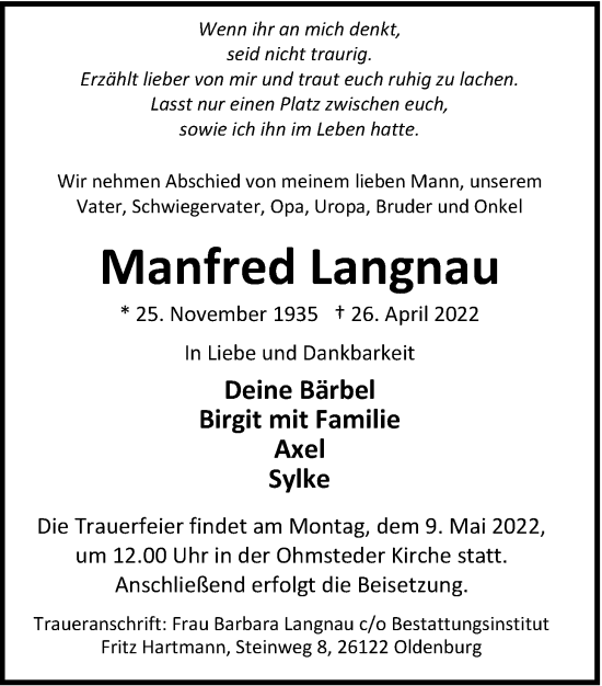 Traueranzeige von Manfred Langnau von Nordwest-Zeitung