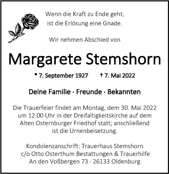 Traueranzeige von Margarete Stemshorn von Nordwest-Zeitung