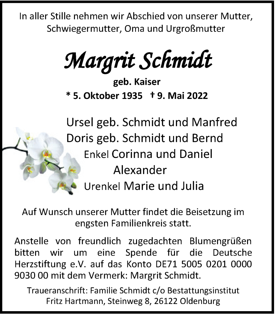  Traueranzeige für Margrit Schmidt vom 14.05.2022 aus Nordwest-Zeitung