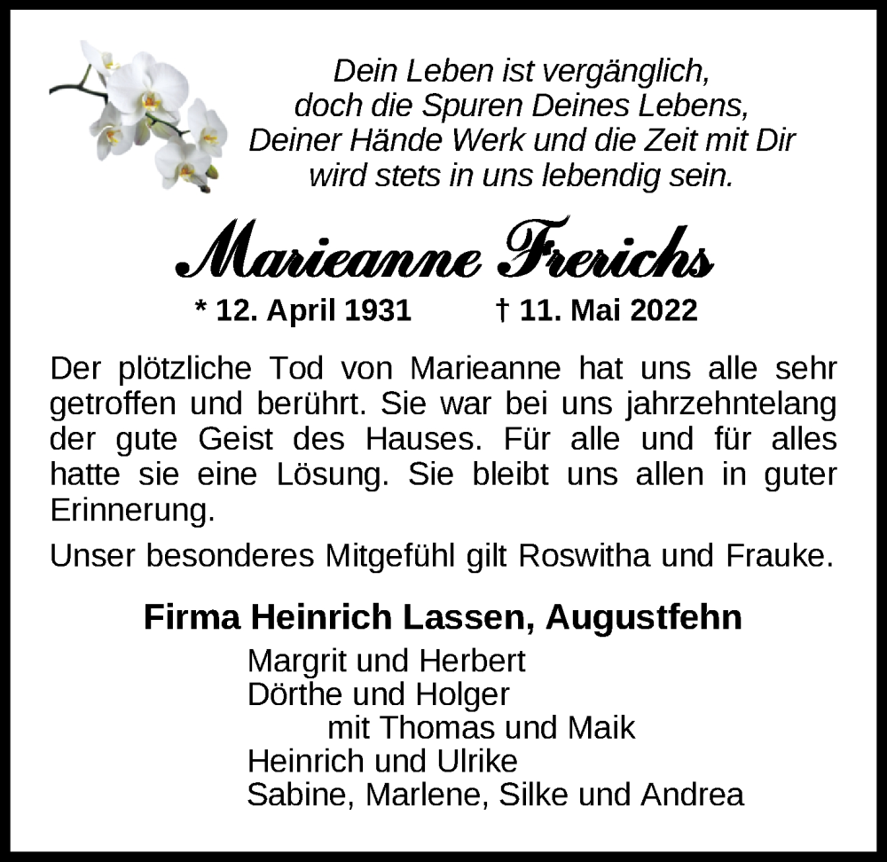  Traueranzeige für Marieanne Frerichs vom 18.05.2022 aus Nordwest-Zeitung