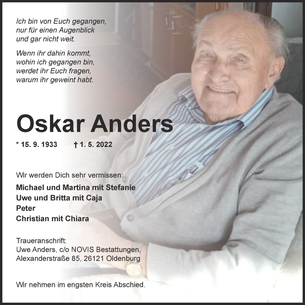 Traueranzeige für Oskar Anders vom 07.05.2022 aus Nordwest-Zeitung
