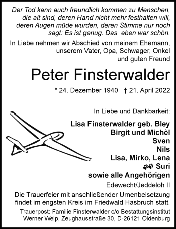 Traueranzeige von Peter Finsterwalder von Nordwest-Zeitung