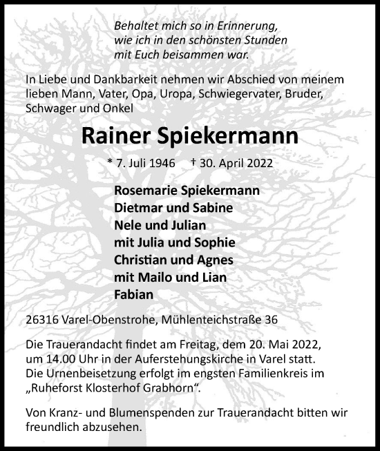 Traueranzeige von Rainer Spiekermann von Nordwest-Zeitung