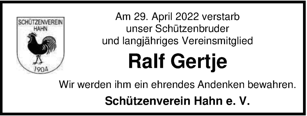  Traueranzeige für Ralf Gertje vom 06.05.2022 aus Nordwest-Zeitung