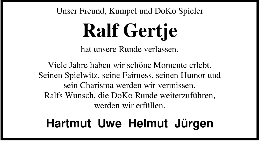  Traueranzeige für Ralf Gertje vom 06.05.2022 aus Nordwest-Zeitung