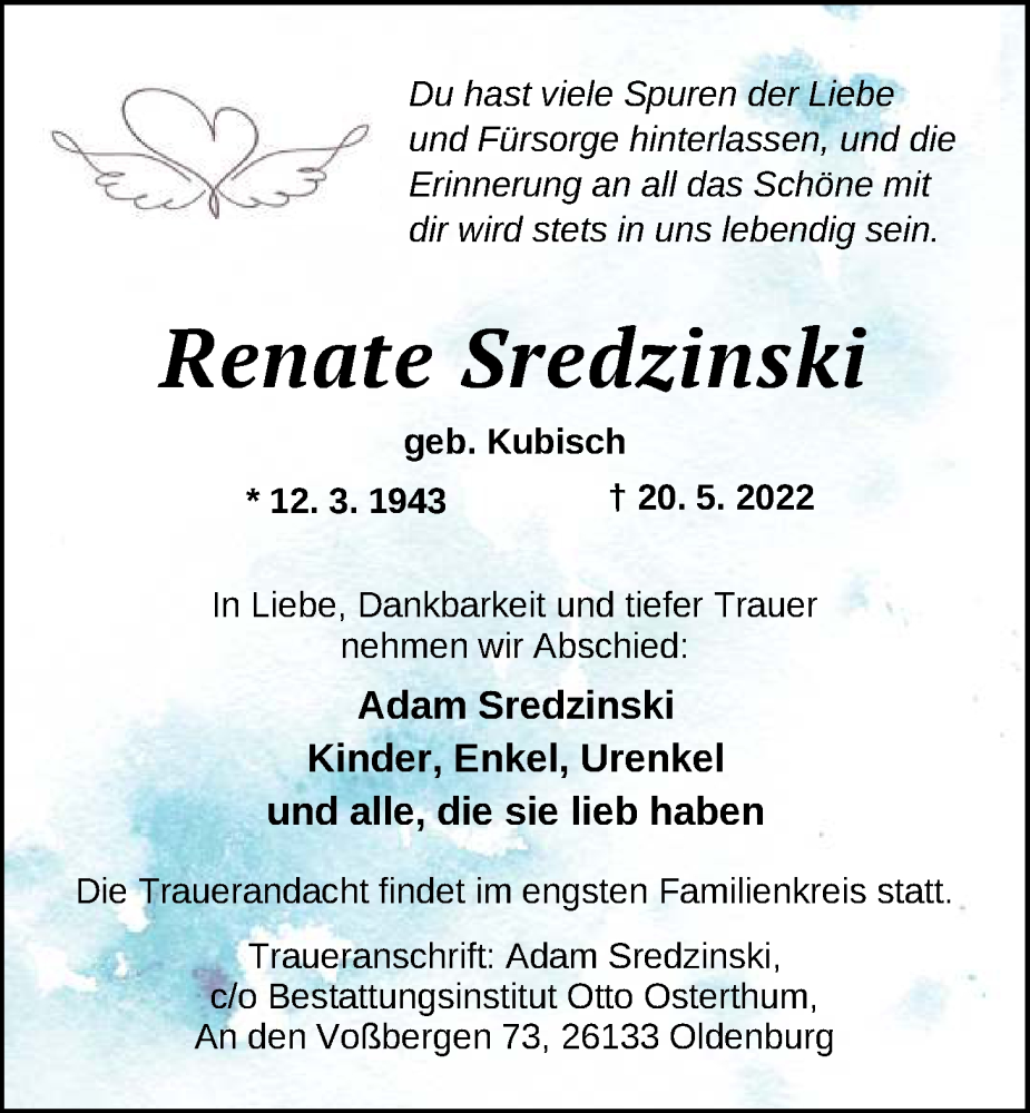  Traueranzeige für Renate Sredzinski vom 28.05.2022 aus Nordwest-Zeitung