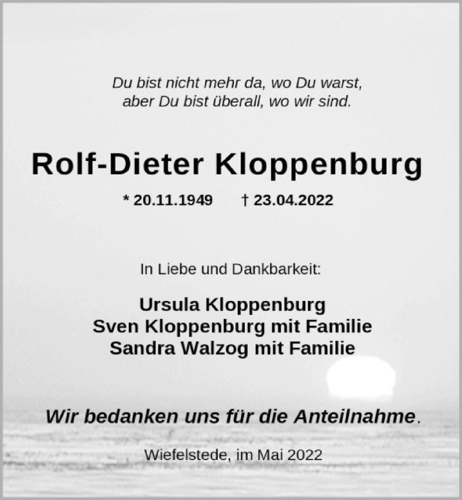  Traueranzeige für Rolf-Dieter Kloppenburg vom 07.05.2022 aus Nordwest-Zeitung