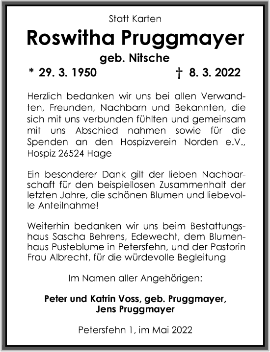 Traueranzeige von Roswitha Pruggmayer von Nordwest-Zeitung