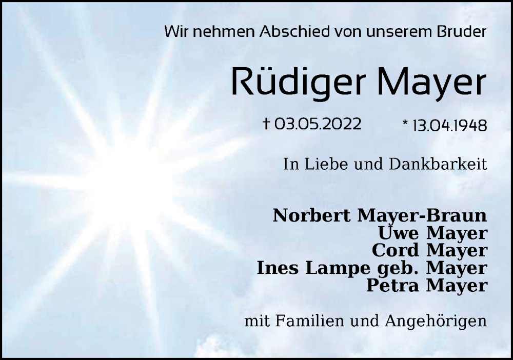  Traueranzeige für Rüdiger Mayer vom 18.05.2022 aus Nordwest-Zeitung