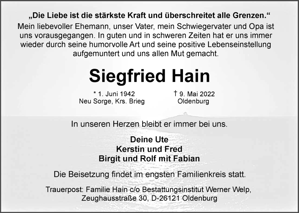  Traueranzeige für Siegfried Hain vom 14.05.2022 aus Nordwest-Zeitung