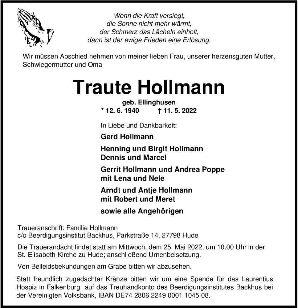  Traueranzeige für Traute Hollmann vom 14.05.2022 aus Nordwest-Zeitung