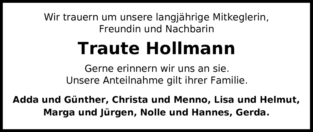  Traueranzeige für Traute Hollmann vom 17.05.2022 aus Nordwest-Zeitung