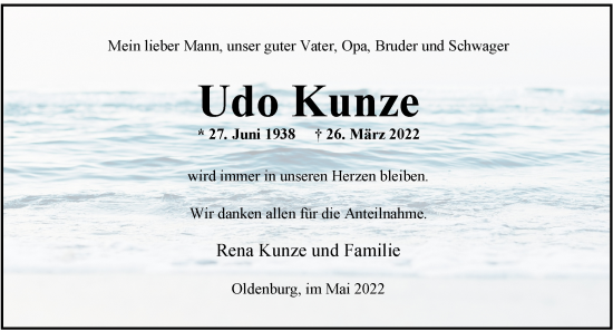 Traueranzeige von Udo Kunze von Nordwest-Zeitung