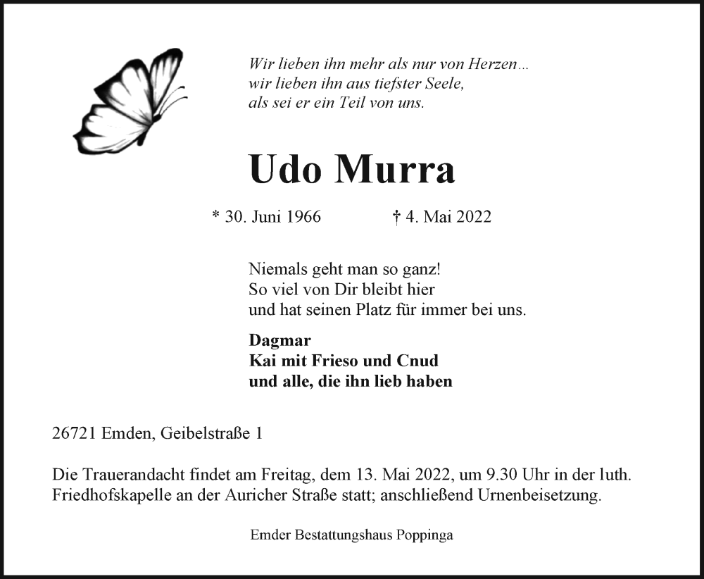  Traueranzeige für Udo Murra vom 10.05.2022 aus Emder Zeitung