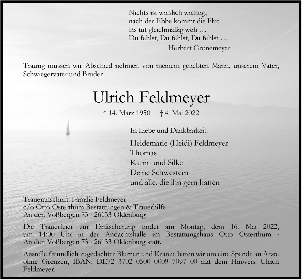  Traueranzeige für Ulrich Feldmeyer vom 11.05.2022 aus Nordwest-Zeitung