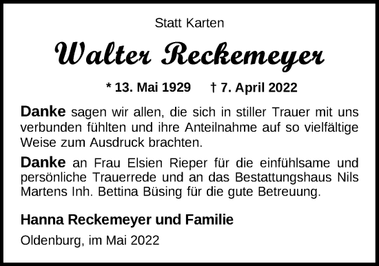 Traueranzeige von Walter Reckemeyer von Nordwest-Zeitung