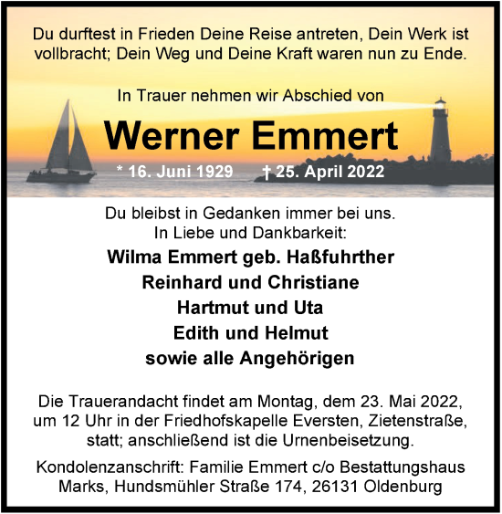 Traueranzeige von Werner Emmert von Nordwest-Zeitung