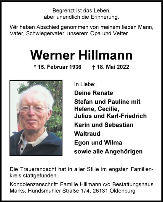 Traueranzeige von Werner Hillmann von Nordwest-Zeitung
