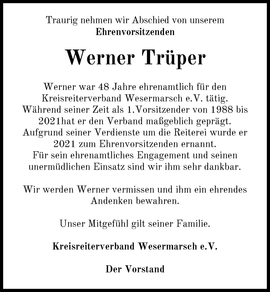  Traueranzeige für Werner Trüper vom 19.05.2022 aus Nordwest-Zeitung