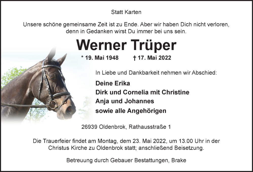  Traueranzeige für Werner Trüper vom 19.05.2022 aus Nordwest-Zeitung