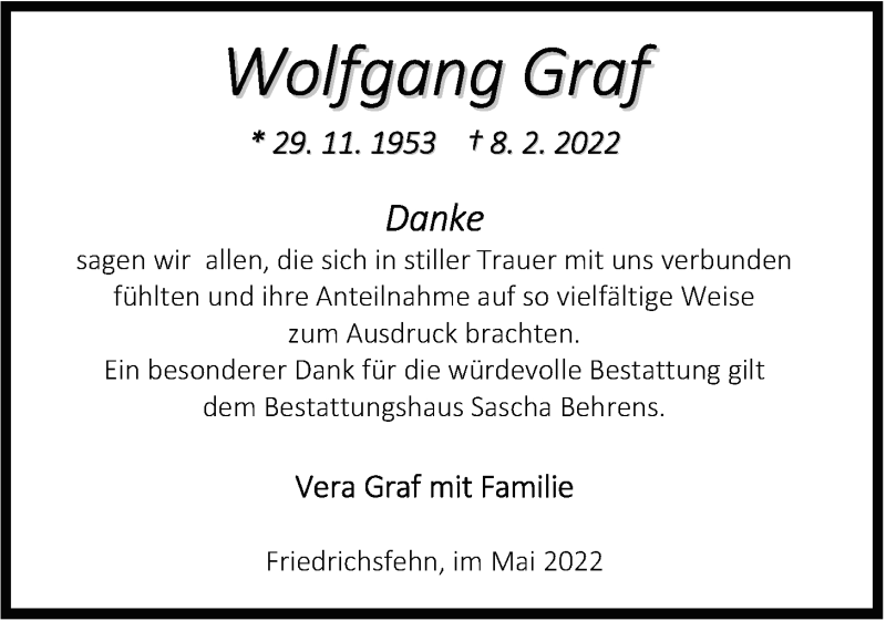  Traueranzeige für Wolfgang Graf vom 03.05.2022 aus Nordwest-Zeitung
