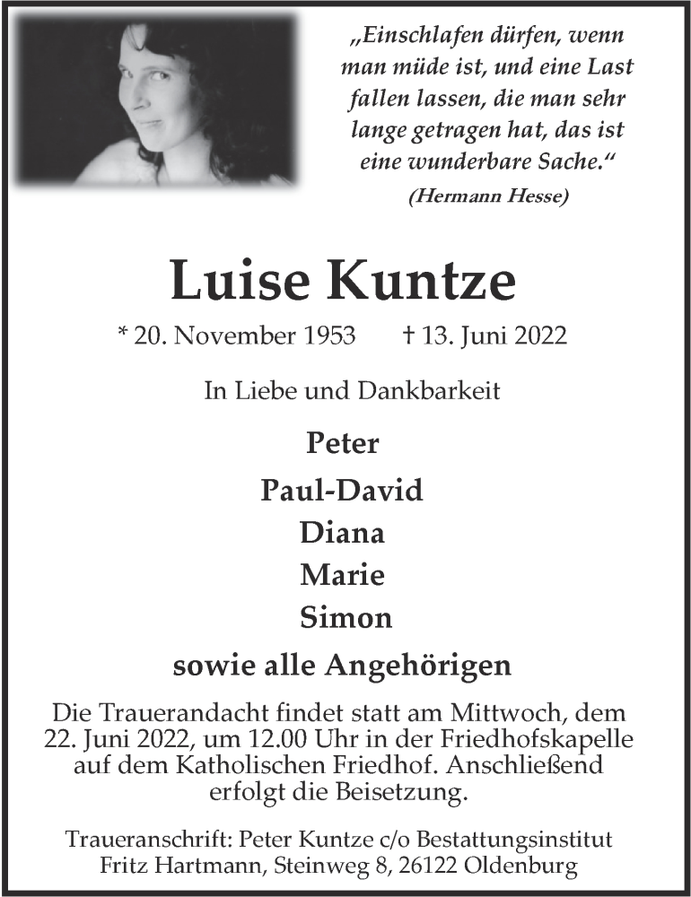  Traueranzeige für Luise Kuntze vom 18.06.2022 aus Nordwest-Zeitung