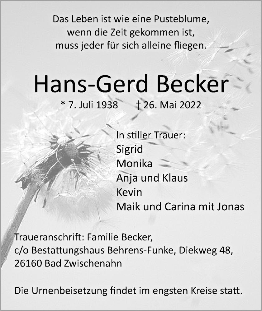  Traueranzeige für Hans-Gerd Becker vom 01.06.2022 aus Nordwest-Zeitung