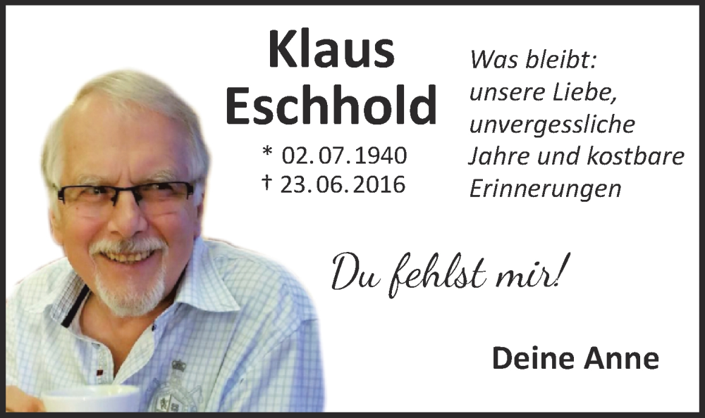  Traueranzeige für Klaus Eschhold vom 23.06.2021 aus Nordwest-Zeitung