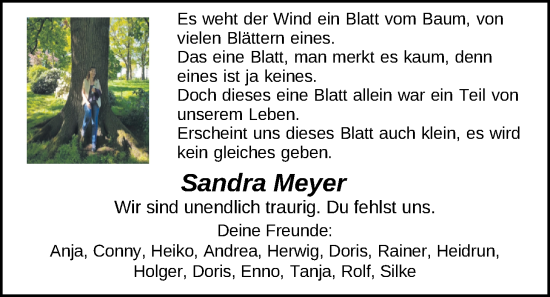 Traueranzeige von Sandra Meyer von Nordwest-Zeitung