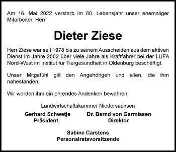 Traueranzeige von Dieter Ziese von Nordwest-Zeitung