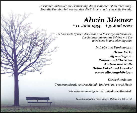 Traueranzeige von Alwin Miener von Nordwest-Zeitung