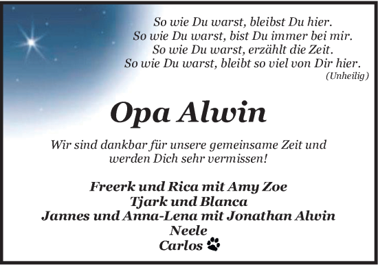 Traueranzeige von Alwin Miener von Nordwest-Zeitung