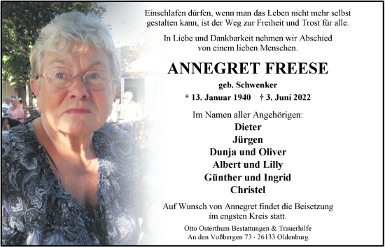 Traueranzeige von Annegret Freese von Nordwest-Zeitung