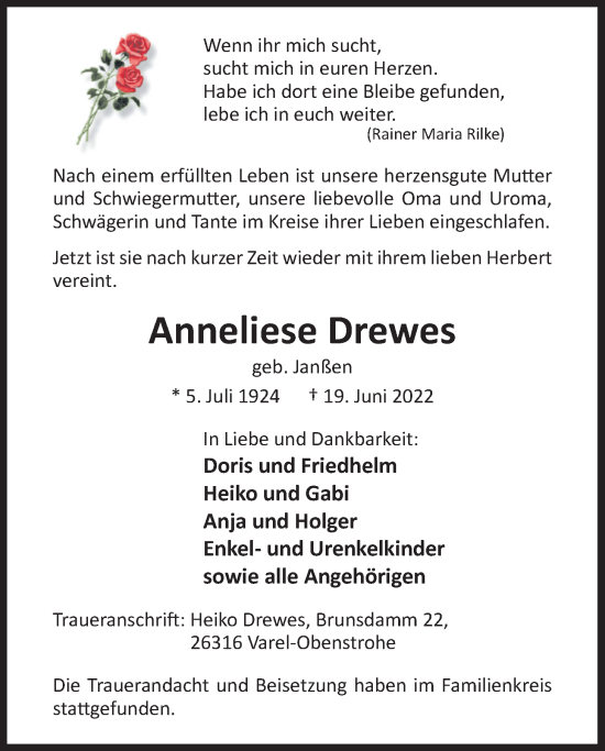 Traueranzeige von Anneliese Drewes von Nordwest-Zeitung