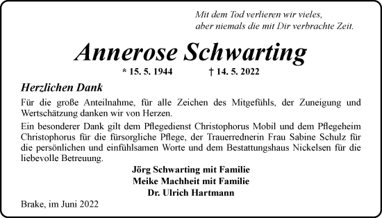 Traueranzeige von Annerose Schwarting von Nordwest-Zeitung