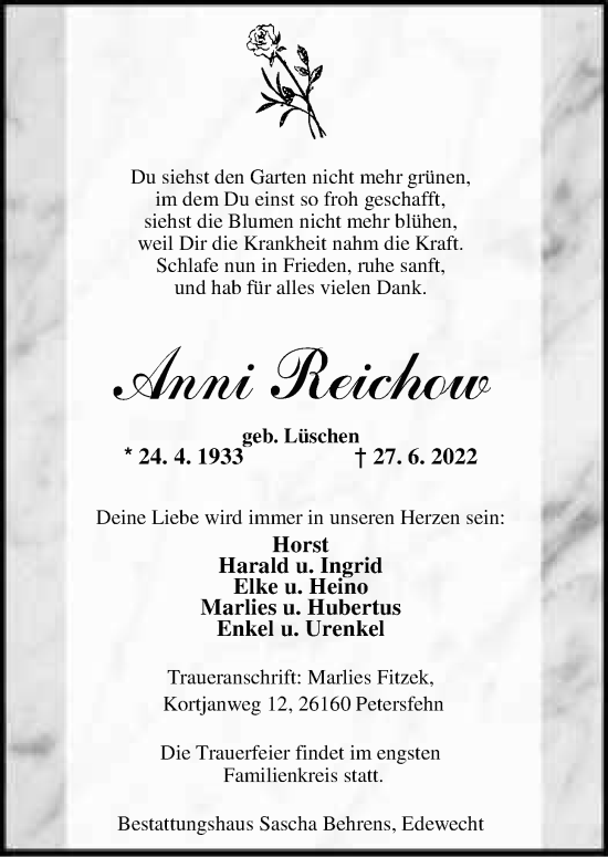 Traueranzeige von Anni Reichow von Nordwest-Zeitung