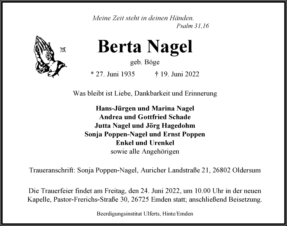  Traueranzeige für Berta Nagel vom 21.06.2022 aus Emder Zeitung