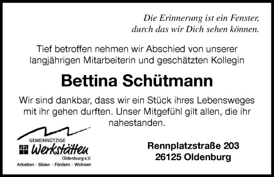 Traueranzeige von Bettina Schütmann von Nordwest-Zeitung