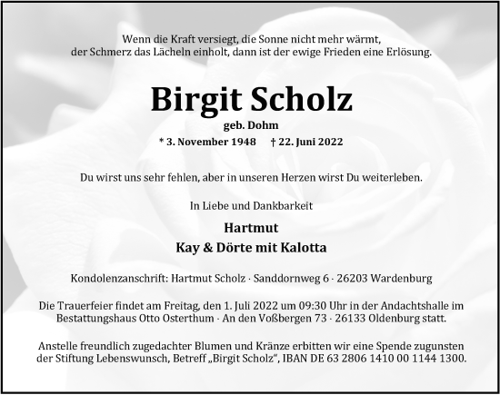 Traueranzeige von Birgit Scholz von Nordwest-Zeitung