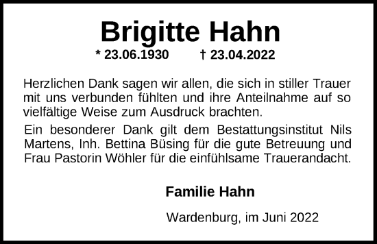 Traueranzeige von Brigitte Hahn von Nordwest-Zeitung