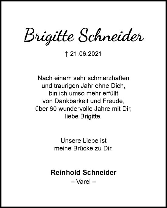 Traueranzeige von Brigitte Schneider von Nordwest-Zeitung