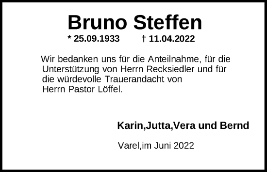 Traueranzeige von Bruno Steffen von Nordwest-Zeitung