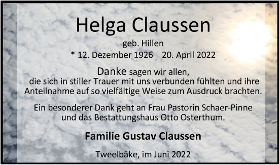 Traueranzeige von Claussen Helga von Nordwest-Zeitung