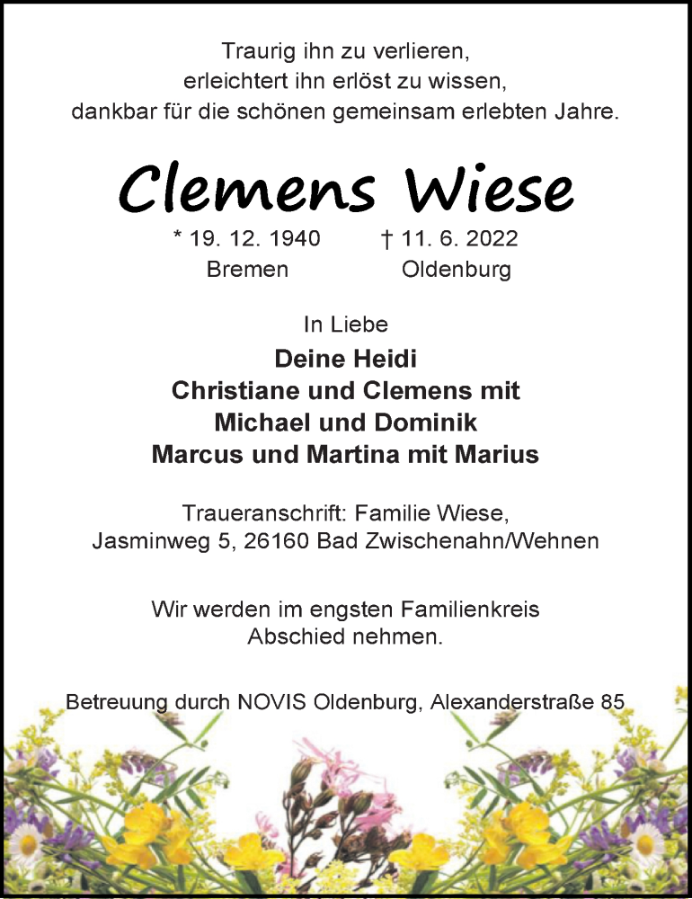  Traueranzeige für Clemens Wiese vom 18.06.2022 aus Nordwest-Zeitung
