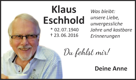 Traueranzeige von Klaus Eschhold von Nordwest-Zeitung